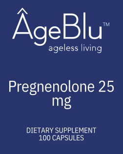 Pregnenolone 25 mg set against a blue background